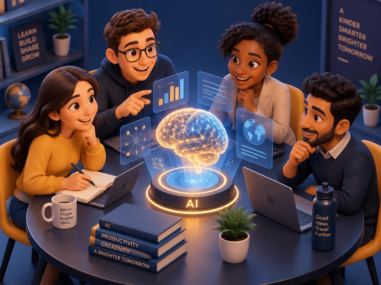 A friendly group learning AI together around a glowing hologram